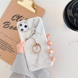 For iPhone 11 Pro TPU Smooth Marble with Ring Metal Rhinestone Bracket Mobile Phone Protective Case(Snow White Q8) (OEM)
