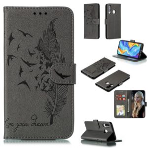 Feather Pattern Litchi Texture Horizontal Flip Leather Case with Wallet & Holder & Card Slots For Huawei P30 Lite(Gray) (OEM)