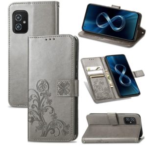 For Asus Zenfone 8 ZS590KS Four-leaf Clasp Embossed Buckle Mobile Phone Protection Leather Case with Lanyard & Card Slot & Wallet & Bracket Function(Gray) (OEM)