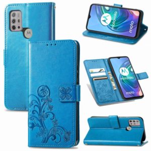 For Motorola Moto G10, G30 Four-leaf Clasp Embossed Buckle Mobile Phone Protection Leather Case with Lanyard & Card Slot & Wallet & Bracket Function(Blue) (OEM)