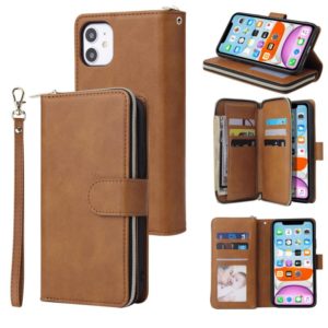 For iPhone 11 Zipper Wallet Bag Horizontal Flip PU Leather Case with Holder & 9 Card Slots & Wallet & Lanyard & Photo Frame(Brown) (OEM)