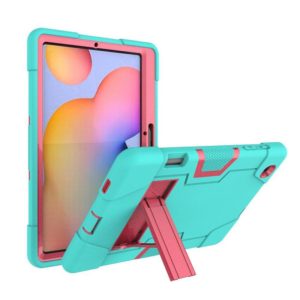 For Samsung Galaxy Tab S6 Lite P610 Contrast Color Robot Shockproof Silicon + PC Protective Case with Holder(Mint Green + Rose Red) (OEM)