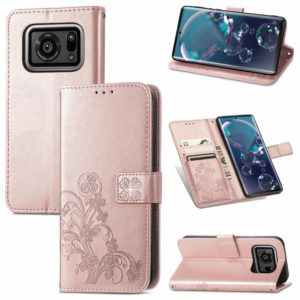 For Sharp R6 Four-leaf Clasp Embossed Buckle Mobile Phone Protection Leather Case with Lanyard & Card Slot & Wallet & Bracket Function(Rose Gold) (OEM)
