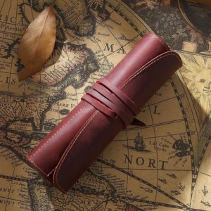 Retro First Layer Cowhide Pen Curtain Simple Literary Pencil Case Multifunctional Volume Pencil Case(Crazy Horse Skin Wine Red) (OEM)