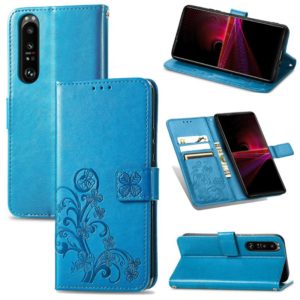 For Sony Xperia 1 III Four-leaf Clasp Embossed Buckle Mobile Phone Protection Leather Case with Lanyard & Card Slot & Wallet & Bracket Function(Blue) (OEM)