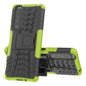 For Sony Xperia 1 III Tire Texture Shockproof TPU+PC Protective Case with Holder(Green) (OEM)
