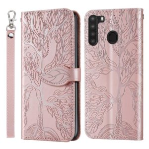 For Samsung Galaxy A21 Life of Tree Embossing Pattern Horizontal Flip Leather Case with Holder & Card Slot & Wallet & Photo Frame & Lanyard(Rose Gold) (OEM)