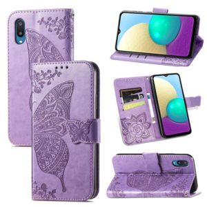 For Samsung Galaxy A02 Butterfly Love Flower Embossed Horizontal Flip Leather Case with Bracket & Card Slot & Wallet & Lanyard(Light Purple) (OEM)