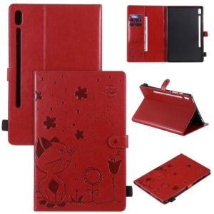 For Samsung Galaxy Tab S6 T860 Cat Bee Embossing Pattern Shockproof Table PC Protective Horizontal Flip Leather Case with Holder & Card Slots & Wallet & Pen Slot & Wake-up / Sleep Function(Red) (OEM)