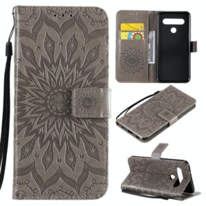For LG K61 Pressed Printing Sunflower Pattern Horizontal Flip PU Leather Case Holder & Card Slots & Wallet & Lanyard(Grey) (OEM)