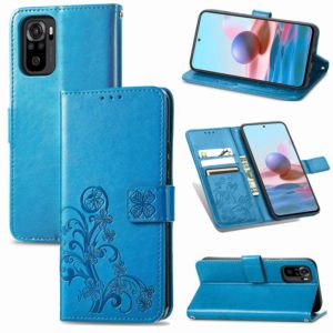 For Xiaomi Redmi Note 10 4G Four-leaf Clasp Embossed Buckle Mobile Phone Protection Leather Case with Lanyard & Card Slot & Wallet & Bracket Function(Blue) (OEM)