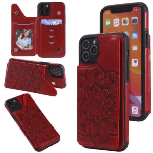 For iPhone 11 Pro Flower Embossing Pattern Shockproof Protective Case with Holder & Card Slots & Photo Frame (Red) (OEM)