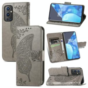 For OnePlus 9 Pro Butterfly Love Flowers Embossed Horizontal Flip Leather Case with Holder & Card Slots & Wallet & Lanyard(Gray) (OEM)