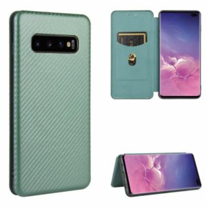 For Samsung Galaxy S10 Plus Carbon Fiber Texture Horizontal Flip TPU + PC + PU Leather Case with Rope & Card Slot(Green) (OEM)