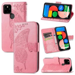 For Google Pixel 5A Butterfly Love Flower Embossed Horizontal Flip Leather Case with Bracket & Card Slot & Wallet & Lanyard(Pink) (OEM)