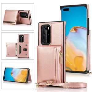 For Huawei P40 Pro Square Zipper Wallet Bag TPU+PU Back Cover Case with Holder & Card Slots & Wallet & Cross-body Strap(Rose Gold) (OEM)