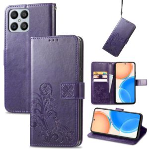 For Honor X8 4G Four-leaf Clasp Embossed Buckle Leather Phone Case(Purple) (OEM)