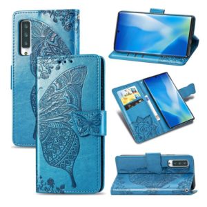 For Arrows NX9 F-52A Butterfly Love Flower Embossed Horizontal Flip Leather Case with Bracket / Card Slot / Wallet / Lanyard(Blue) (OEM)