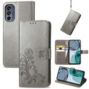 For Motorola Moto G62 Four-leaf Clasp Embossed Buckle Leather Phone Case(Gray) (OEM)