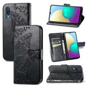 For Samsung Galaxy A02 Butterfly Love Flower Embossed Horizontal Flip Leather Case with Bracket & Card Slot & Wallet & Lanyard(Black) (OEM)