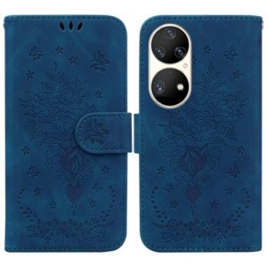 For Huawei P50 Pro Butterfly Rose Embossed Leather Phone Case(Blue) (OEM)