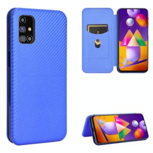 For Samsung Galaxy M31s Carbon Fiber Texture Horizontal Flip TPU + PC + PU Leather Case with Rope & Card Slot(Blue) (OEM)