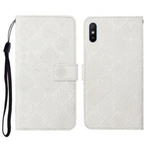 For Xiaomi Redmi 9A Ethnic Style Embossed Pattern Horizontal Flip Leather Case with Holder & Card Slots & Wallet & Lanyard(White) (OEM)
