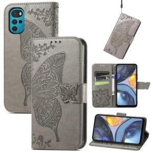 For Motorola Moto G22 Butterfly Love Flower Embossed Leather Phone Case(Grey) (OEM)