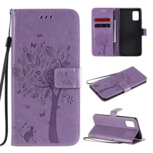 For Samsung Galaxy A71 5G Tree & Cat Embossed Pattern Horizontal Flip Leather Case with Holder & Card Slots & Wallet & Lanyard(Light Purple) (OEM)