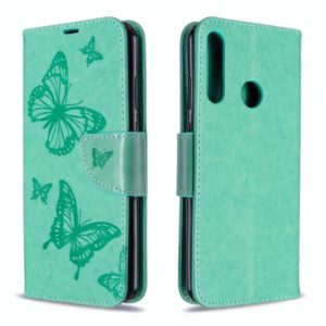 For Huawei Y6P Two Butterflies Embossing Pattern Horizontal Flip Leather Case with Holder & Card Slot & Wallet & Lanyard(Green) (OEM)
