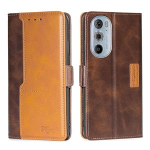 For Motorola Moto Edge+ 2022/Edge 30 Pro Contrast Color Side Buckle Leather Phone Case(Dark Brown + Gold) (OEM)