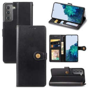 For Samsung Galaxy S21 5G Retro Solid Color Leather Buckle Phone Case with Lanyard & Photo Frame & Card Slot & Wallet & Stand Function(Black) (OEM)