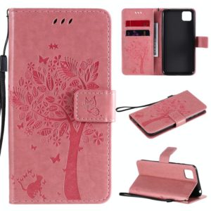 For Huawei Y5p Tree & Cat Embossed Pattern Horizontal Flip Leather Case with Holder & Card Slots & Wallet & Lanyard(Pink) (OEM)