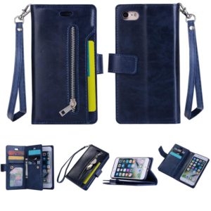 For iPhone SE 2022 / SE 2020 / 8 / 7 Multifunctional Zipper Horizontal Flip Leather Case with Holder & Wallet & 9 Card Slots & Lanyard(Blue) (OEM)
