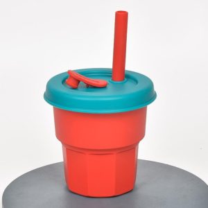 Children Silicone Straw Cups Drop And High Temperature Resistant Water Cups Dark Red Cup + Olive Green Cover(400ml) (OEM)