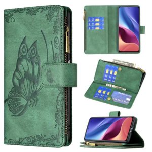 For Xiaomi Mi 11i/Poco F3/Redmi K40 Flying Butterfly Embossing Pattern Zipper Horizontal Flip Leather Case with Holder & Card Slots & Wallet(Green) (OEM)