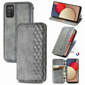 For Samsung Galaxy A02s(US Edition) Cubic Grid Pressed Horizontal Flip Magnetic PU Leather Case with Holder & Card Slots & Wallet(Gray) (OEM)