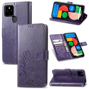 For Google Pixel 5A Four-leaf Clasp Embossed Buckle Mobile Phone Protection Leather Case with Lanyard & Card Slot & Wallet & Bracket Function(Purple) (OEM)