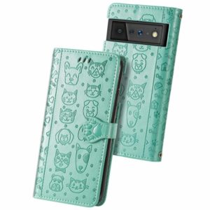 For Google Pixel 6 Cat and Dog Embossed Horizontal Flip Phone Leather Case with Holder & Card Slot & Wallet & Lanyard(Green) (OEM)