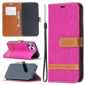 For iPhone 12 / 12 Pro Color Matching Denim Texture Horizontal Flip Leather Case with Holder & Card Slots & Wallet & Lanyard(Rose Red) (OEM)