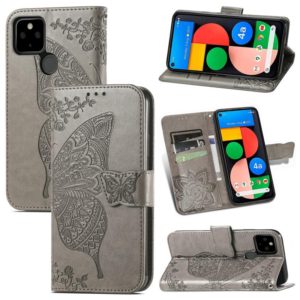 For Google Pixel 5A Butterfly Love Flower Embossed Horizontal Flip Leather Case with Bracket & Card Slot & Wallet & Lanyard(Gray) (OEM)