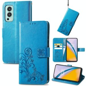 For OnePlus Nord 2 5G Four-leaf Clasp Embossed Buckle Mobile Phone Protection Leather Case with Lanyard & Card Slot & Wallet & Bracket Function(Blue) (OEM)