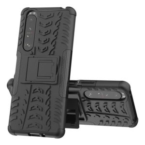 For Sony Xperia 1 III Tire Texture Shockproof TPU+PC Protective Case with Holder(Black) (OEM)