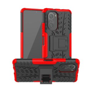 For Xiaomi Redmi K40 Tire Texture Shockproof TPU+PC Protective Case with Holder(Red) (OEM)
