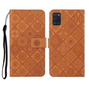 For Samsung Galaxy A31 Ethnic Style Embossed Pattern Horizontal Flip Leather Case with Holder & Card Slots & Wallet & Lanyard(Brown) (OEM)