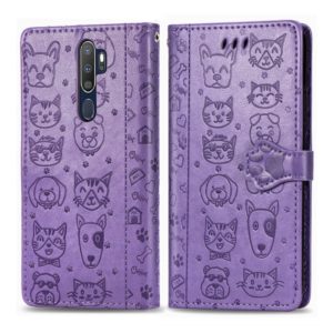 For OPPO A5 (2020) / A9 (2020) Cute Cat and Dog Embossed Horizontal Flip Leather Case with Holder & Card Slots & Wallet & Cartoon Clasp & Lanyard(Purple) (OEM)