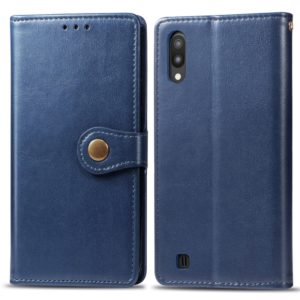 Retro Solid Color Leather Buckle Mobile Phone Protection Leather Case with Photo Frame & Card Slot & Wallet & Bracket Function for Galaxy M10(Blue) (OEM)