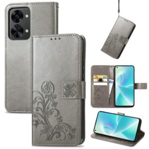 For OnePlus Nord 2T Four-leaf Clasp Embossed Buckle Leather Phone Case(Gray) (OEM)