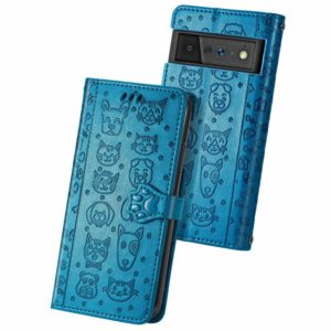 For Google Pixel 6 Cat and Dog Embossed Horizontal Flip Phone Leather Case with Holder & Card Slot & Wallet & Lanyard(Blue) (OEM)
