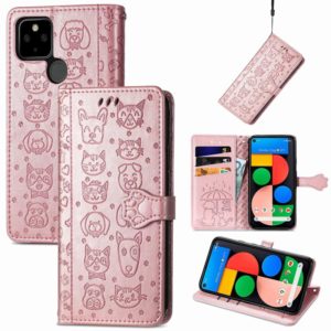 For Google Pixel 5a 5G Lovely Cat and Dog Embossing Pattern Horizontal Flip Leather Case , with Holder & Card Slots & Wallet & Cartoon Clasp & Lanyard(Rose Gold) (OEM)
